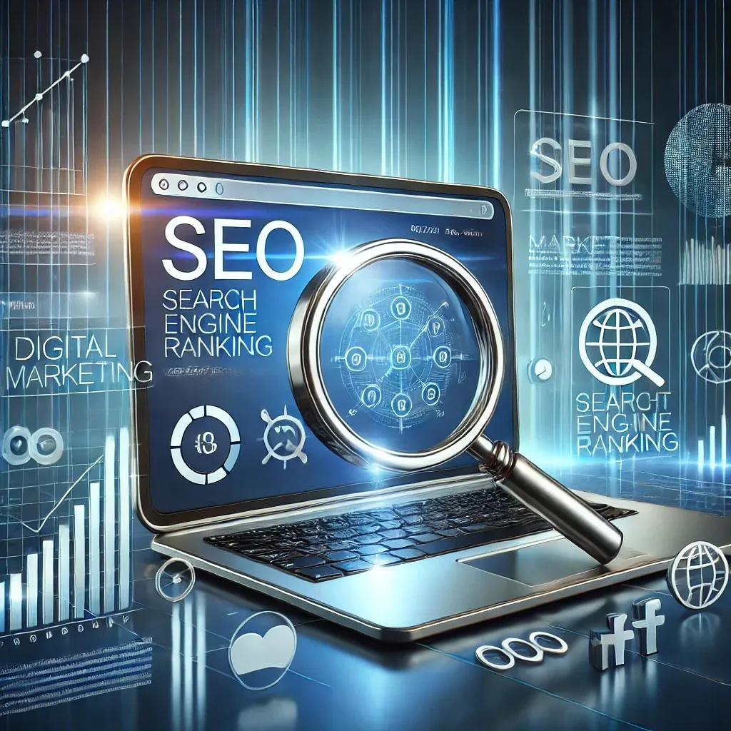 Dallc2b7e 2025 03 21 12.37.43 A Modern Digital Marketing Concept Illustration Featuring Seo Elements. The Image Includes A Laptop Screen Displaying A Search Engine Ranking Chart A 1