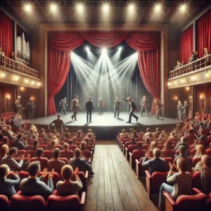 İnteraktif Tiyatro Nedir? Dallc2b7e 2025 03 21 12.40.22 A Realistic Theater Scene Where Actors And Audience Interact Dynamically. The Stage Is Set With Dramatic Lighting A Rich Theatrical Backdrop And Act 1 300x300