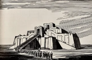 Drawing of the ziggurat of ur iraq by marjorie v. duffell for c. l. woolley 1937.webp