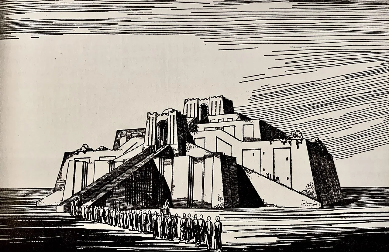 Drawing of the ziggurat of ur iraq by marjorie v. duffell for c. l. woolley 1937.webp